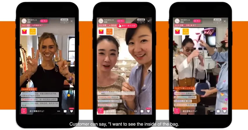 Influencers demonstrate products during a Chinese livestream shopping session displayed across multiple mobile screens.