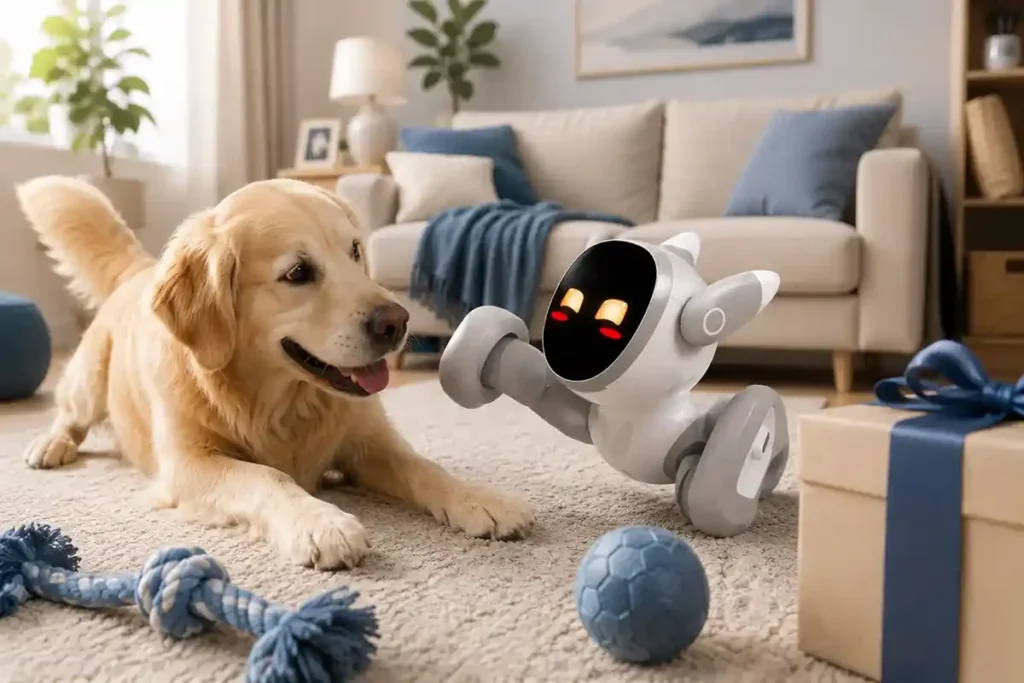 Loona companion robot interacts with a pet dog.