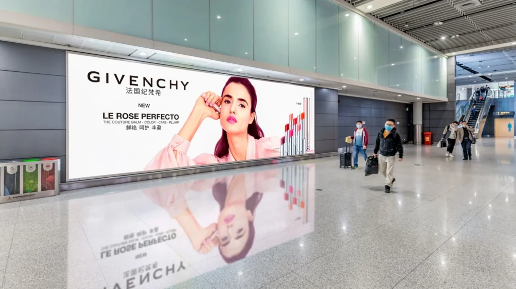 Large Givenchy beauty advertisement displayed inside a modern transit station in China with travelers walking past.
