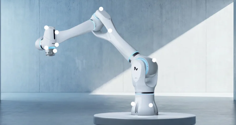 NEURA MAiRA robotic arm displayed with sensing points against a clean industrial background.