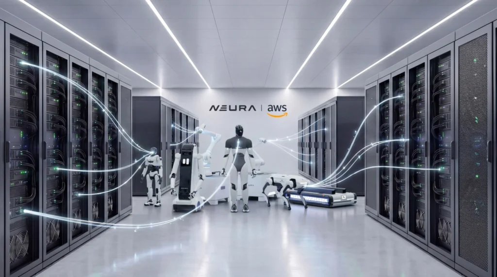 NEURA robots shown inside a data center for AWS supported physical AI and fleet intelligence.