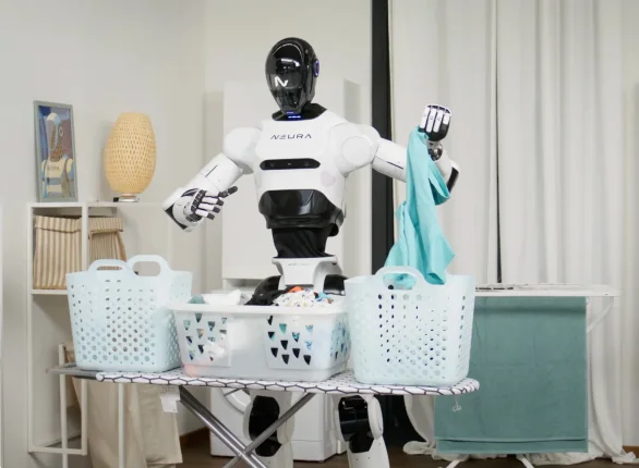 NEURA humanoid robot sorting laundry in a home environment with baskets and folded clothing.
