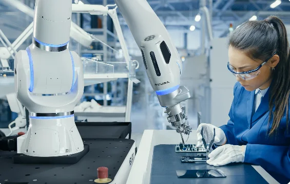 NEURA robotic arm assisting a technician with precision electronics assembly in a factory setting.