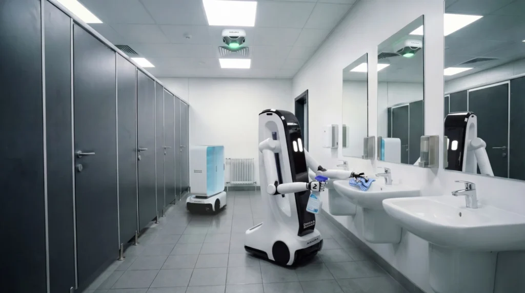 NEURA service robot cleaning a commercial washroom with sinks, mirrors, and restroom stalls.