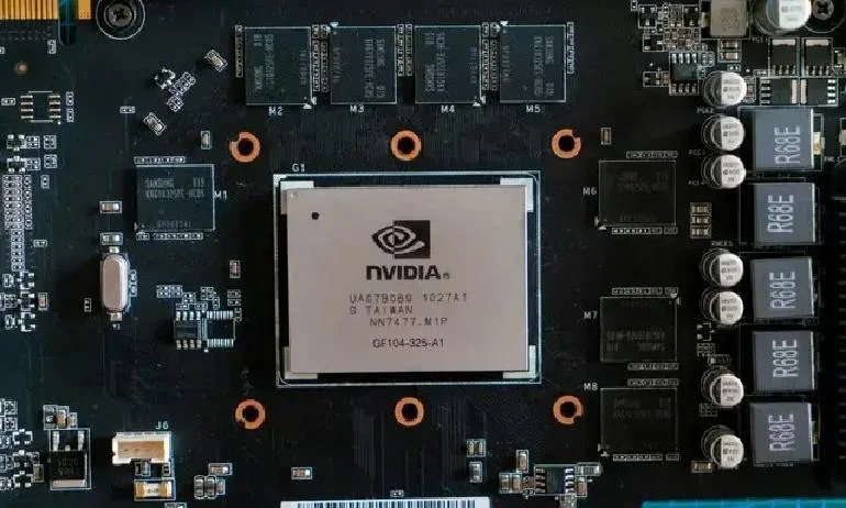 close-up of Nvidia GPU chip on motherboard used for AI training and high-performance computing