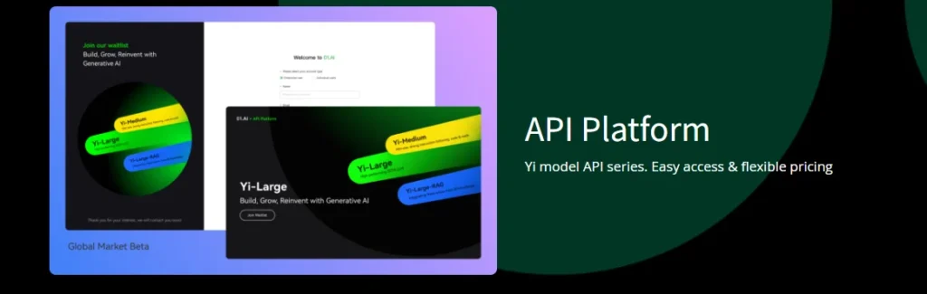 Yi model API platform dashboard showing Yi Large and Yi Medium models with flexible pricing and access
