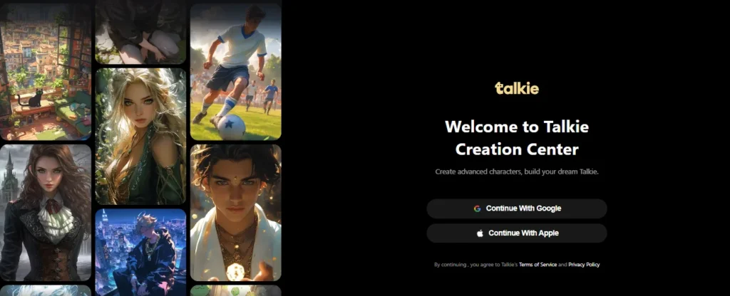 Talkie app creation center showing AI character design interface with login options and visual character previews
