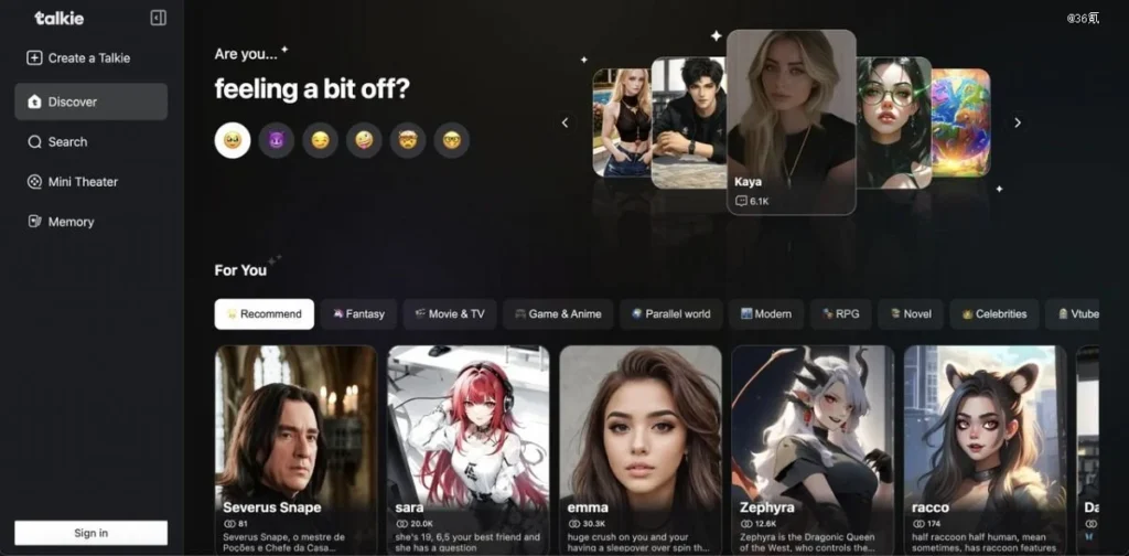 Talkie app interface displaying AI character feed with categories like fantasy, anime, and roleplay companions