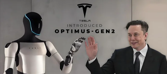Presentation Tesla Optimus Gen 2 robot shown beside a Elon Musk during a robotics presentation