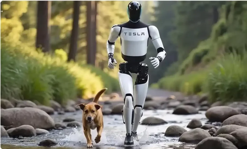 Tesla Optimus style humanoid robot walking outdoors with a dog near a forest stream