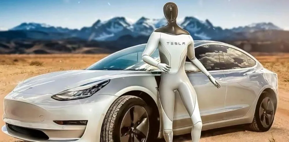 Tesla Optimus style humanoid robot standing beside a white Tesla electric car with mountains in the background