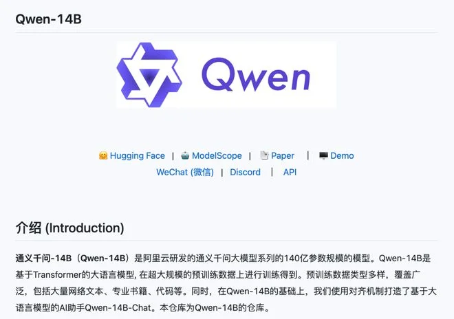 Qwen 14B large language model page with documentation, API access, and model overview