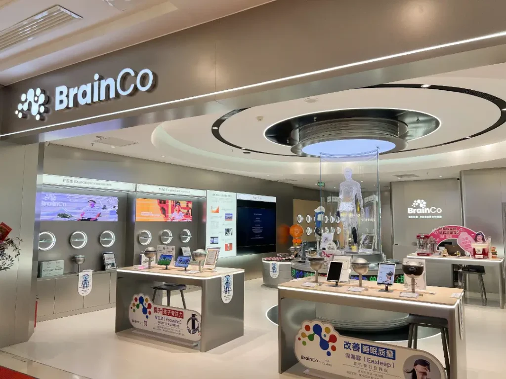 BrainCo showroom displaying EEG devices, prosthetics, and BCI technology solutions