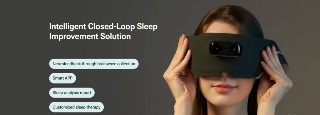 Woman wearing smart sleep mask for neurofeedback and brainwave-based sleep improvement technology
