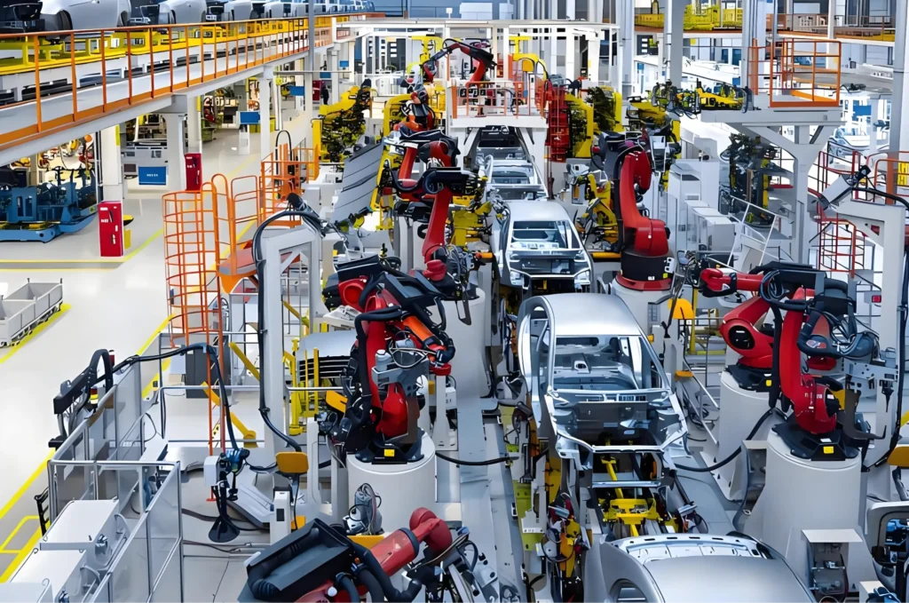 Industrial robots assembling car bodies in a high-tech automotive manufacturing plant