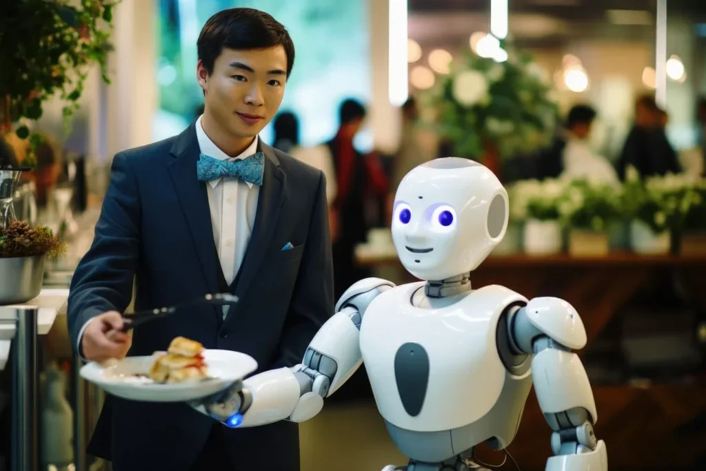 Service robot delivering food tray in a modern hotel hallway