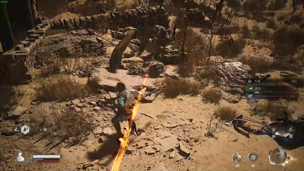 Black Myth Wukong gameplay showing Monkey King attacking enemy in desert environment