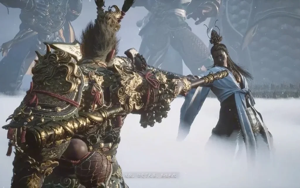 Black Myth Wukong cinematic battle between Monkey King and armored warrior in misty setting