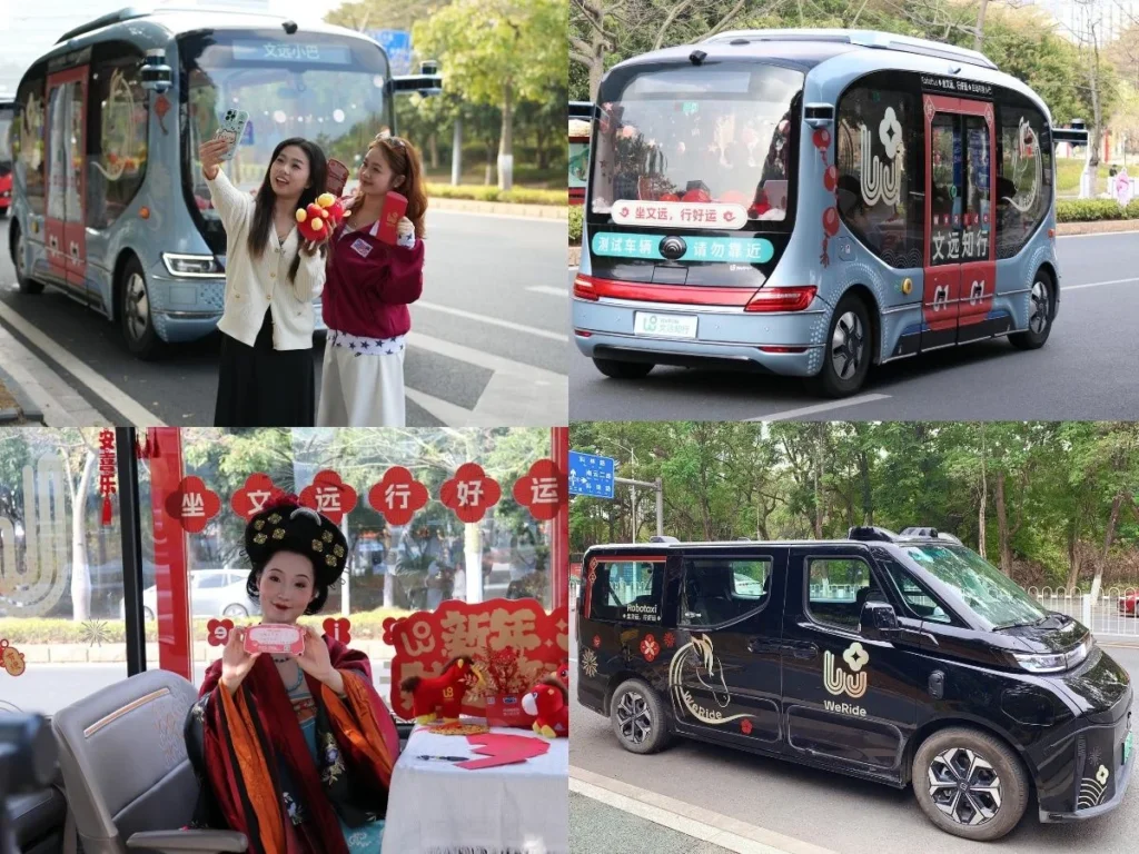 WeRide robobus and robotaxi use cases including passengers, city rides, and themed interior experience