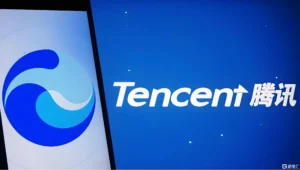 Tencent logo with Chinese characters on blue background representing company branding