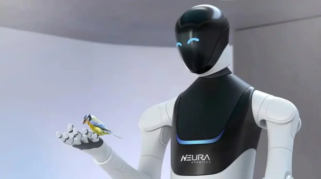 NEURA humanoid robot holding a small bird to show gentle human robot interaction.