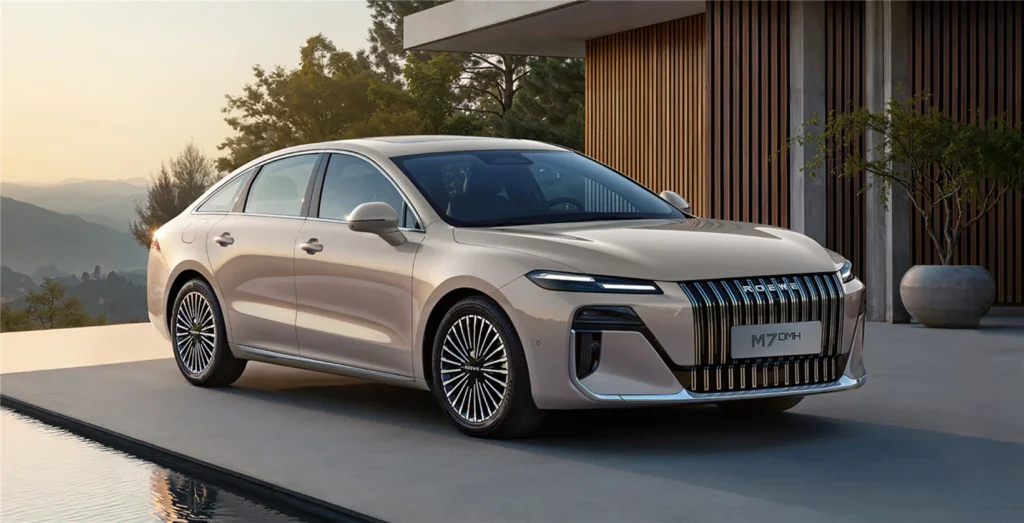 Roewe M7 DMH hybrid sedan beside a luxury modern residence