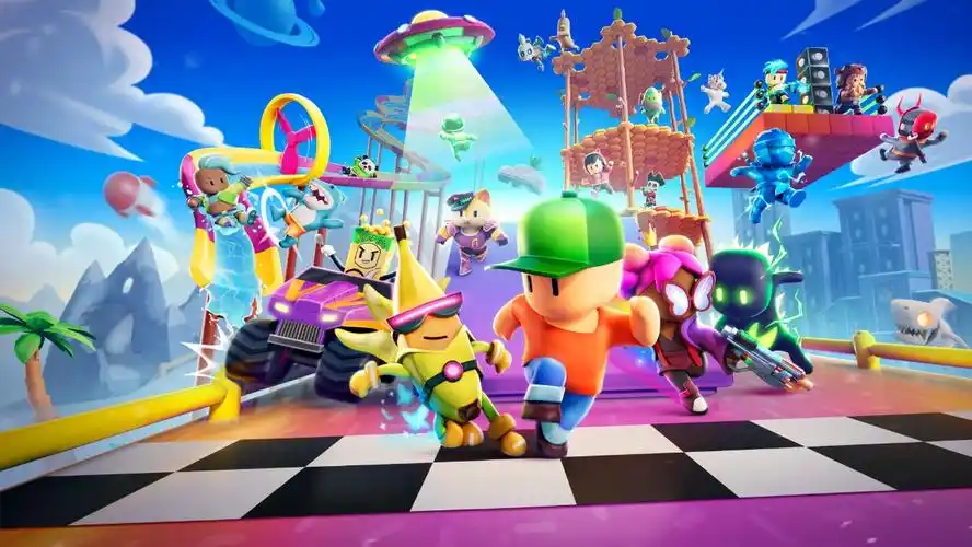 Colorful multiplayer obstacle game characters racing in a social mini game environment