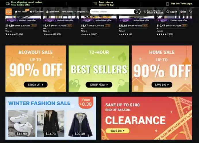 Screenshot of Temu ecommerce homepage showing flash sales, best sellers, and discount banners with up to 90 percent off deals