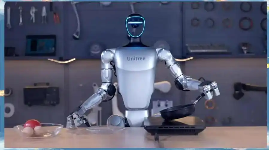 Unitree humanoid robot cooking with a pan in a smart kitchen