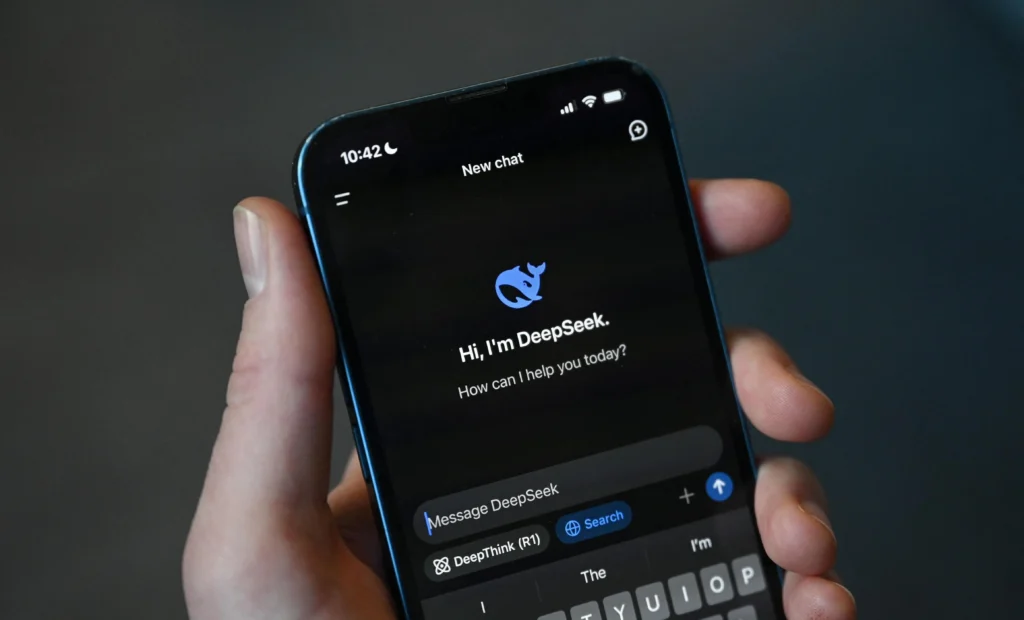 DeepSeek AI chatbot interface on smartphone with input field and response options