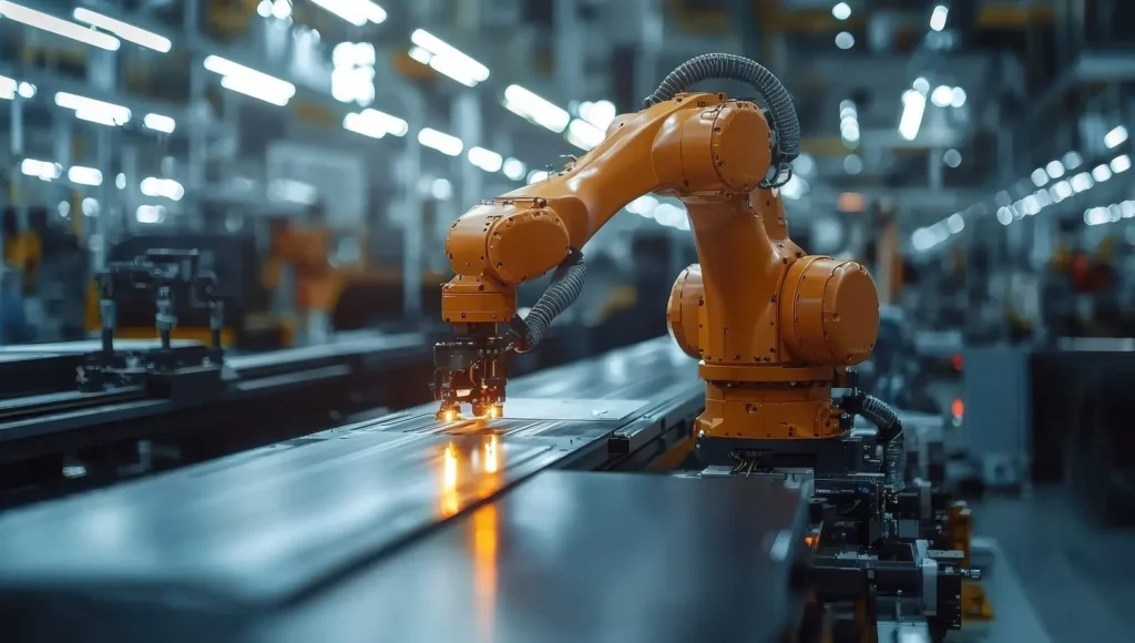 Orange industrial robot welding metal sheet in modern automated factory.