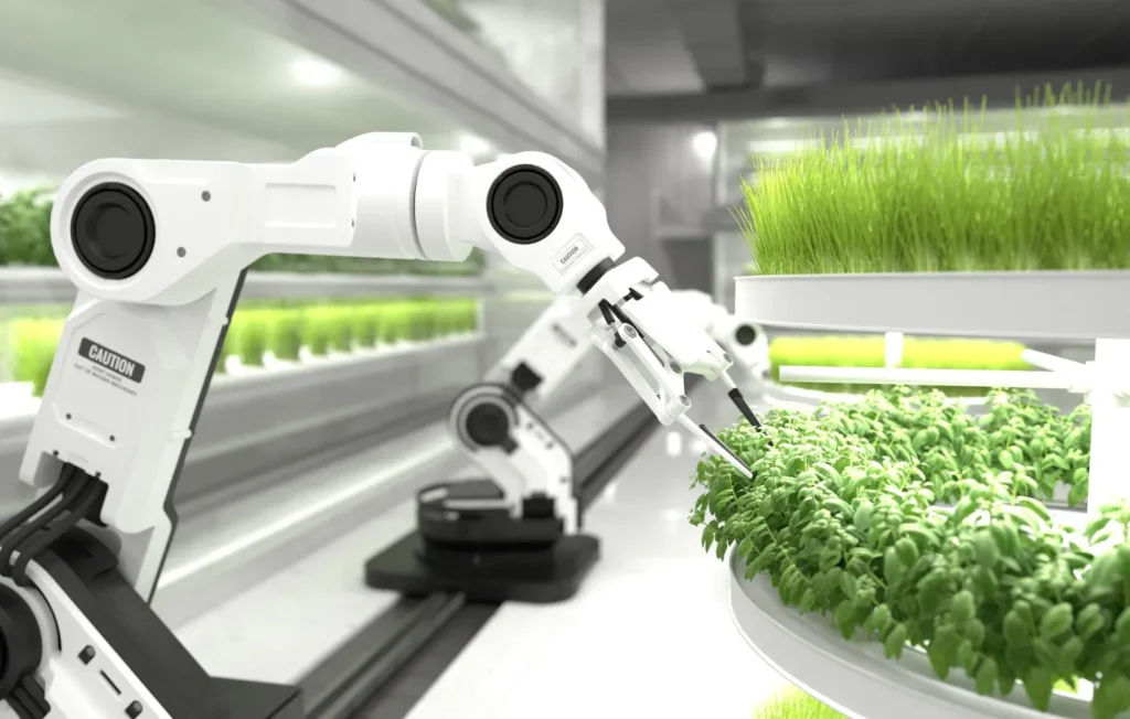 Robotic arm managing crops in an indoor smart farming facility