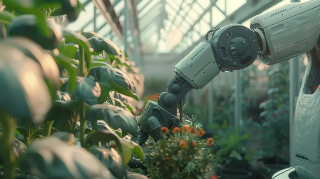 Automated robotic arm tending plants inside a modern greenhouse environment