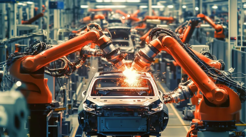 Multiple industrial robots welding car body frame in factory assembly line