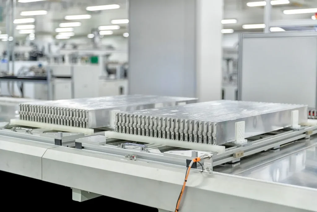 Battery cells moving through an automated factory assembly line