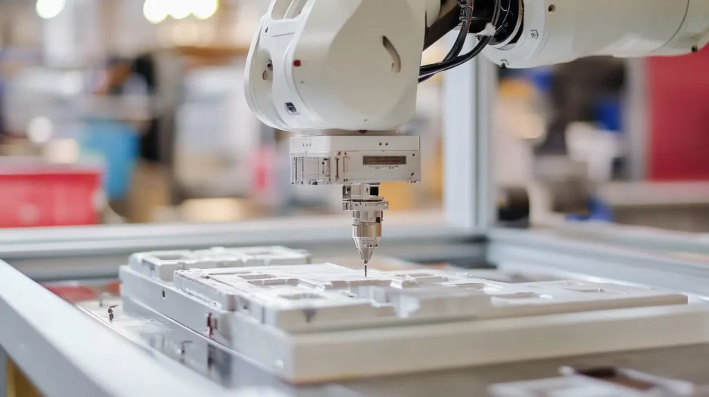 Robotic arm performing precision drilling on a CNC workpiece in a manufacturing cell