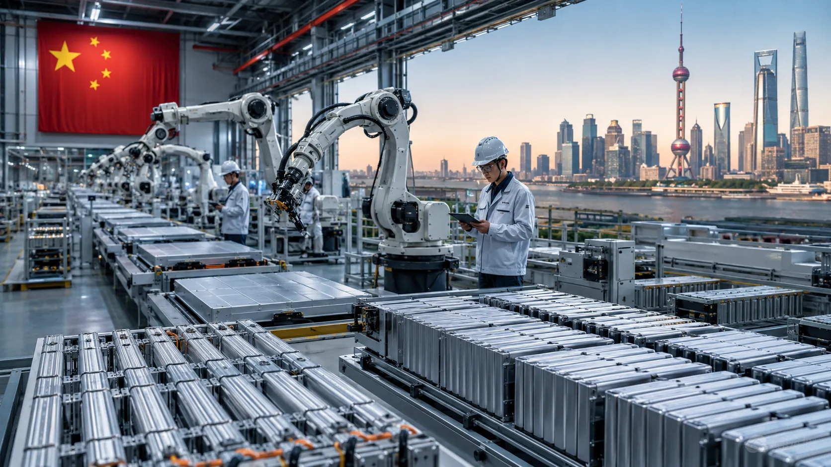 Robotic production line assembling battery modules in China.