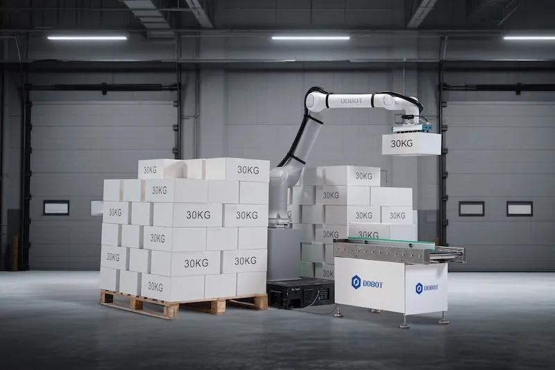 Dobot robotic arm stacking boxed packages labeled 30KG on pallets in warehouse.