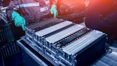 Workers inspecting an electric vehicle battery pack.