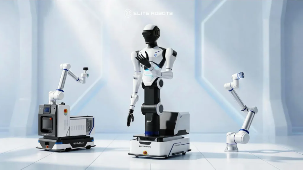 Elite Robots collaborative robot performing automated industrial task in showroom setup.