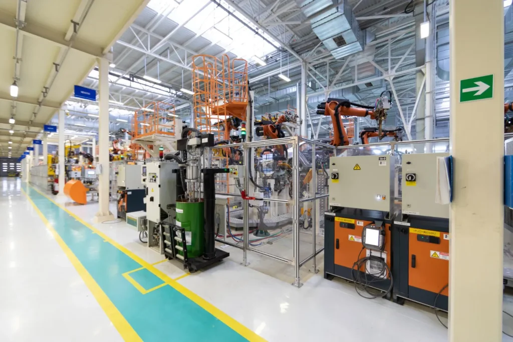Industrial automation production line with robots and control equipment