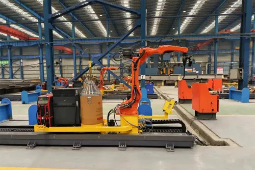 Orange industrial robot handling materials in warehouse automation system