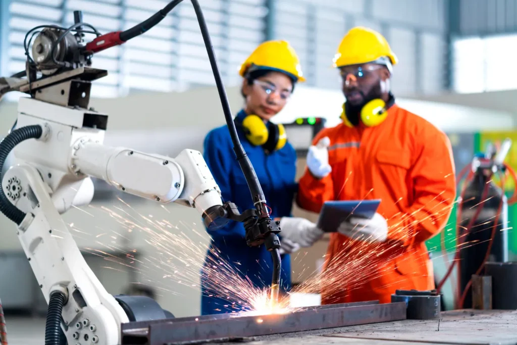 Workers supervising robot welding process with sparks in industrial workshop.