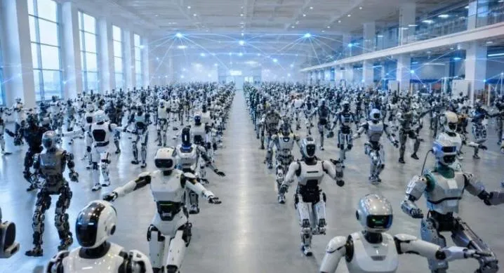 Large group of humanoid robots arranged in a futuristic manufacturing hall.