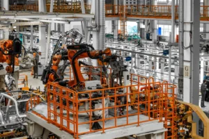 Orange KUKA robots performing car manufacturing tasks inside a large automated factory.