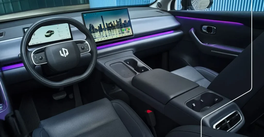 Leapmotor EV interior with digital dashboard and touchscreen display