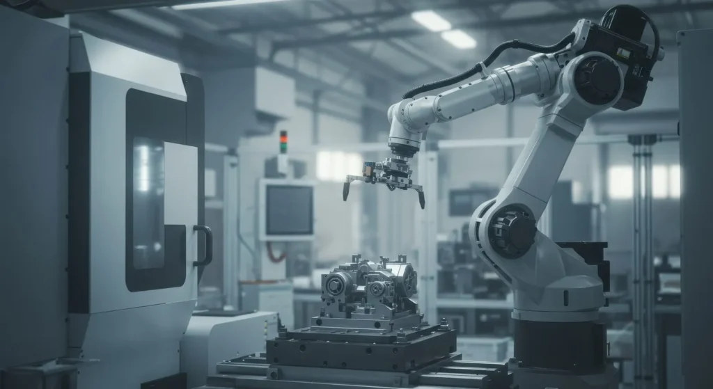 Robotic arm loading or machining a metal component inside a CNC production system
