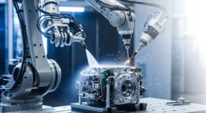 Robotic arms performing precision cutting and welding on metal component