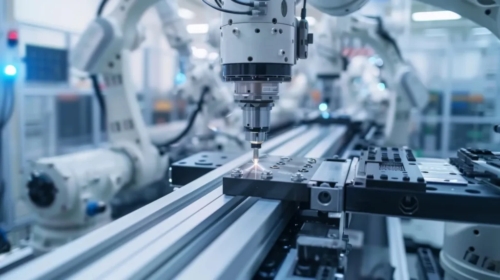 Automated robot performing laser machining on metal rail in production line