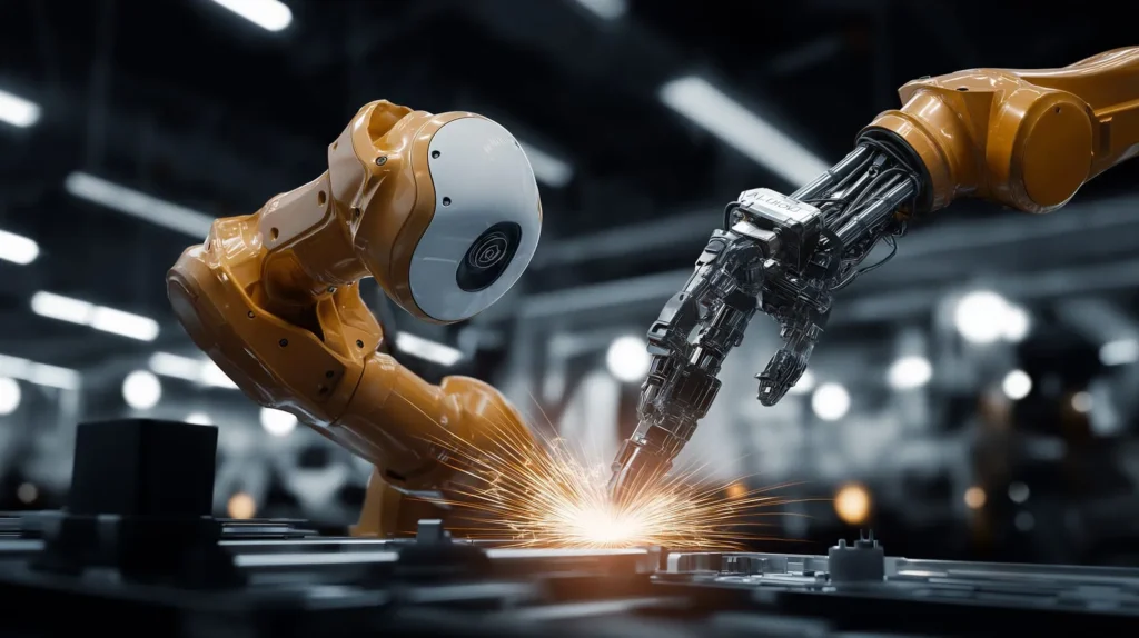 Orange industrial robot welding metal with bright sparks in factory